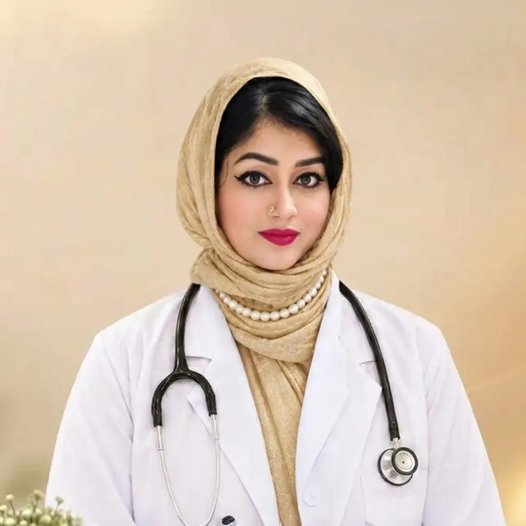 Dr. Sanzida Huda (Sweety) in a white coat with a stethoscope